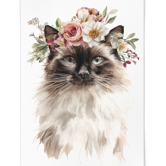 Watercolor Ragdoll Cat with Flower Crown Wall Art Print Unframed - Picture 2 of 7